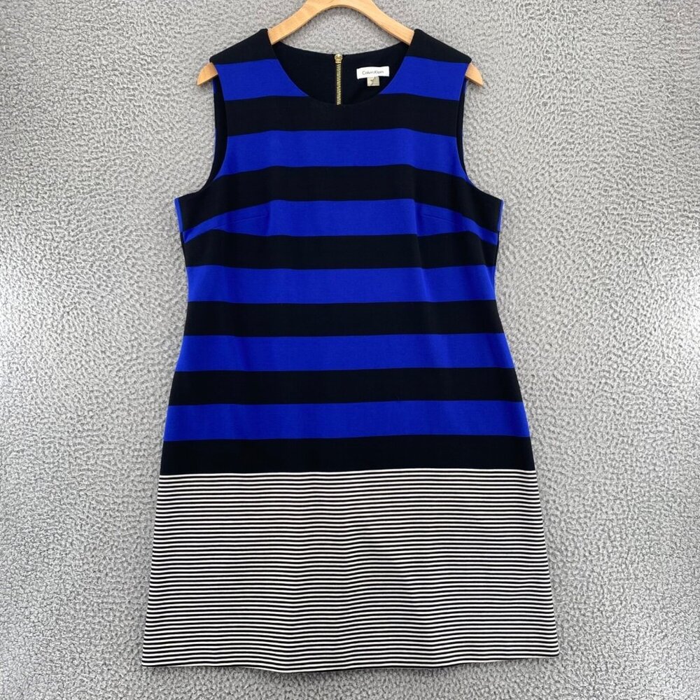 Calvin Klein Dress Womens 14 Blue Black Striped Shift Stretch Career Office Work